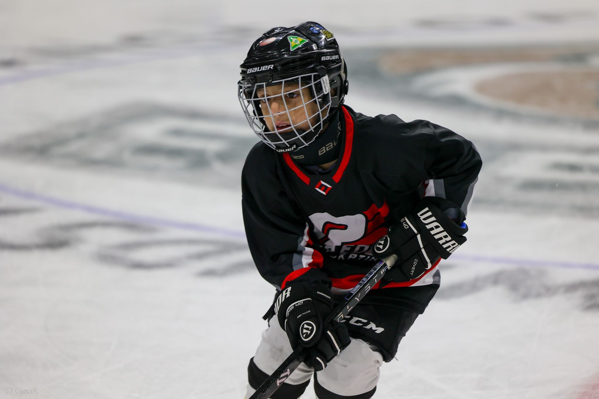 A young boy is playing ice hockey on a rink.