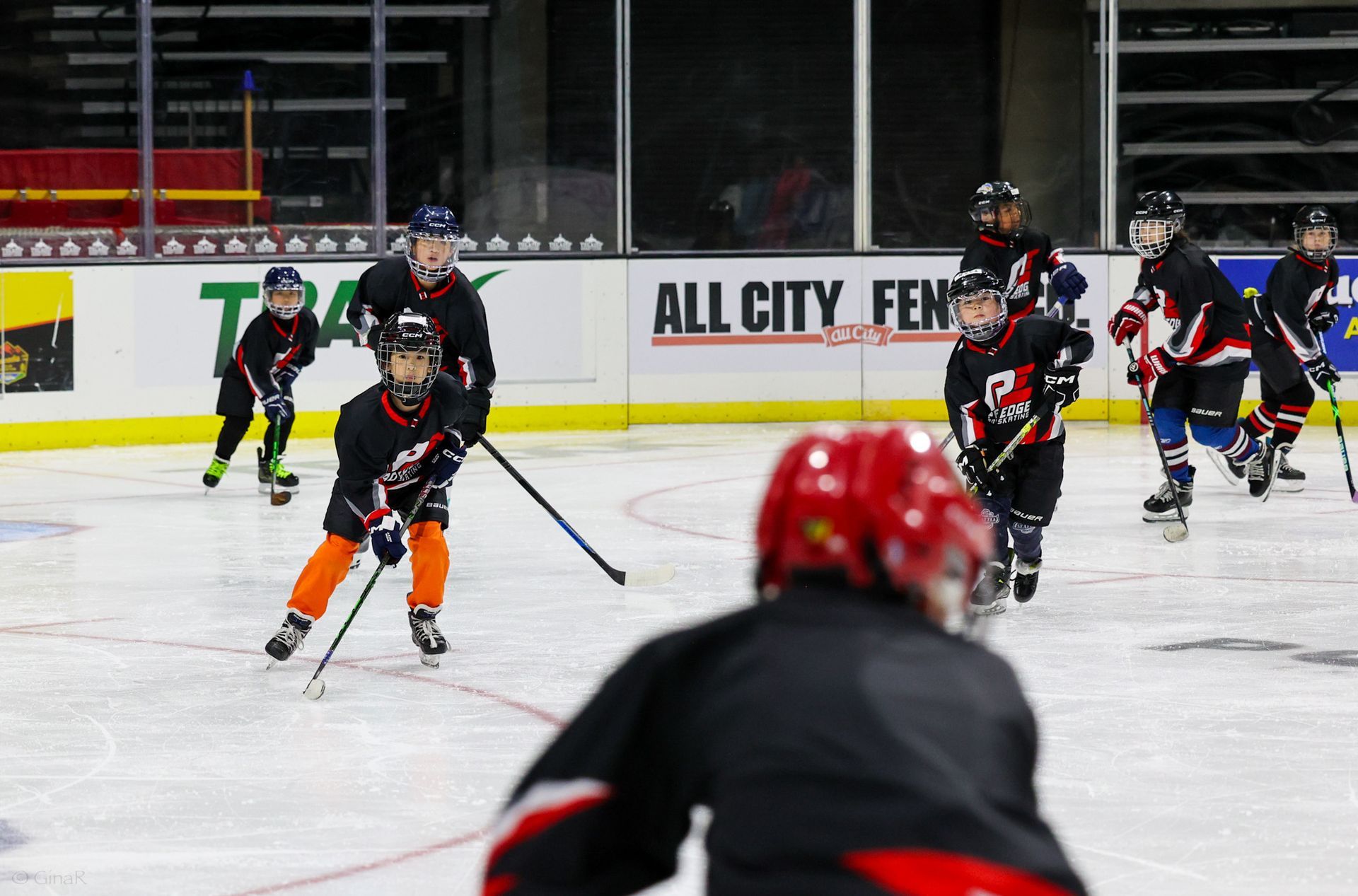 Youth hockey players skate during a game on an indoor rink, with one player in the foreground.