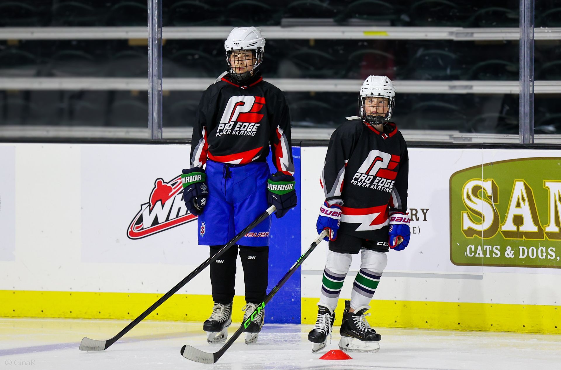 Two hockey players in black jerseys stand on the ice near the boards.