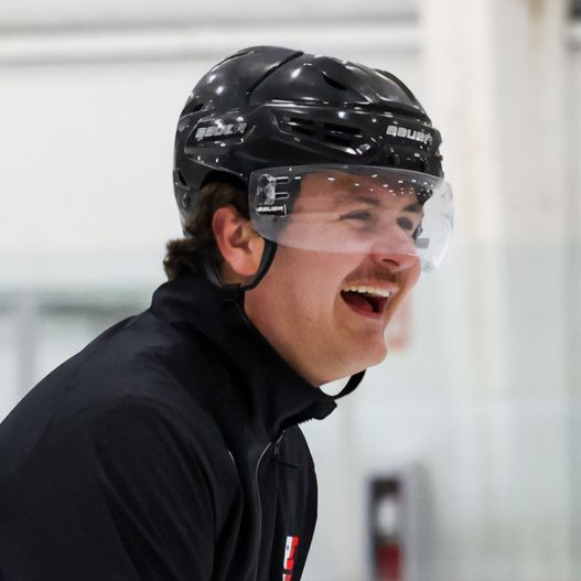 Smiling hockey player in black helmet and jersey on the ice