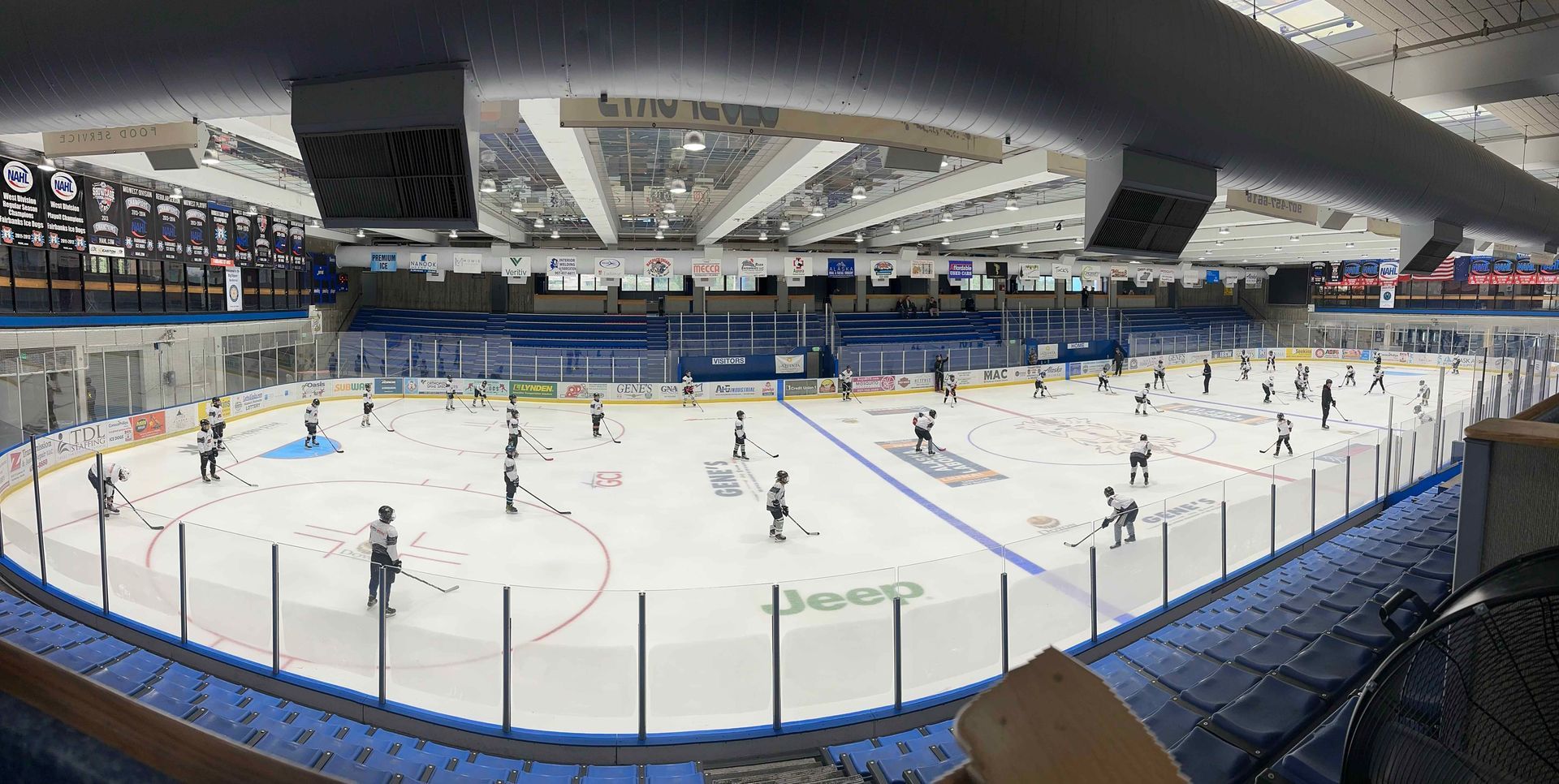 Indoor ice rink with many skaters and a large seating area under bright arena lights