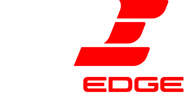 A red and white logo for edge on a white background