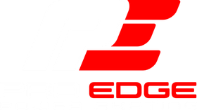 A red and white logo for edge on a white background
