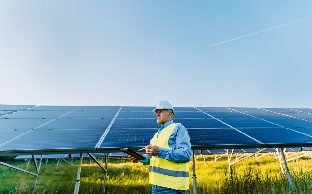 Solar panel technician inspecting a solar array; blue sky in background.