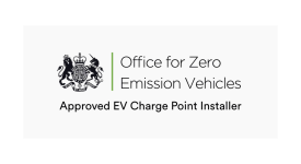 Logo of the Office for Zero Emission Vehicles, Approved EV Charge Point Installer. Features UK Royal Crest.