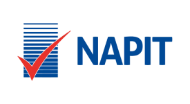 NAPIT logo: Blue text and striped rectangle with a red checkmark.