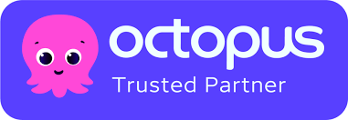 A cartoon octopus with white text