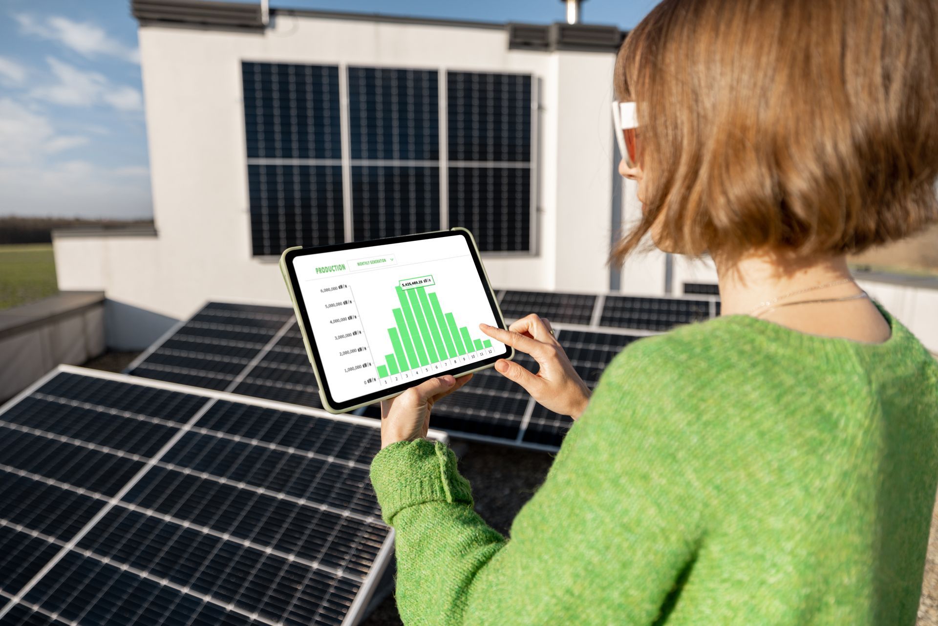 Woman viewing solar panel performance data on a tablet. Green graph, sunny outdoor setting.
