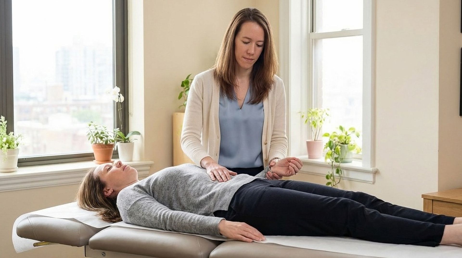 Woman receives emotional release therapy from Dr. Armitstead while lying on an exam table