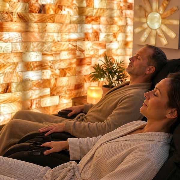 Two people relaxing in recliners in a warm, softly lit salt cave