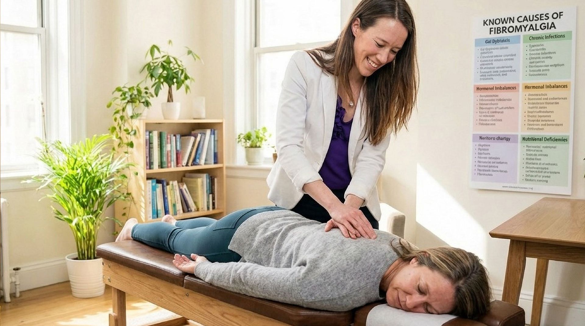 Woman receiving back massage from Dr Alicia Armitstead in a bright room; plant, books, and chart in background.