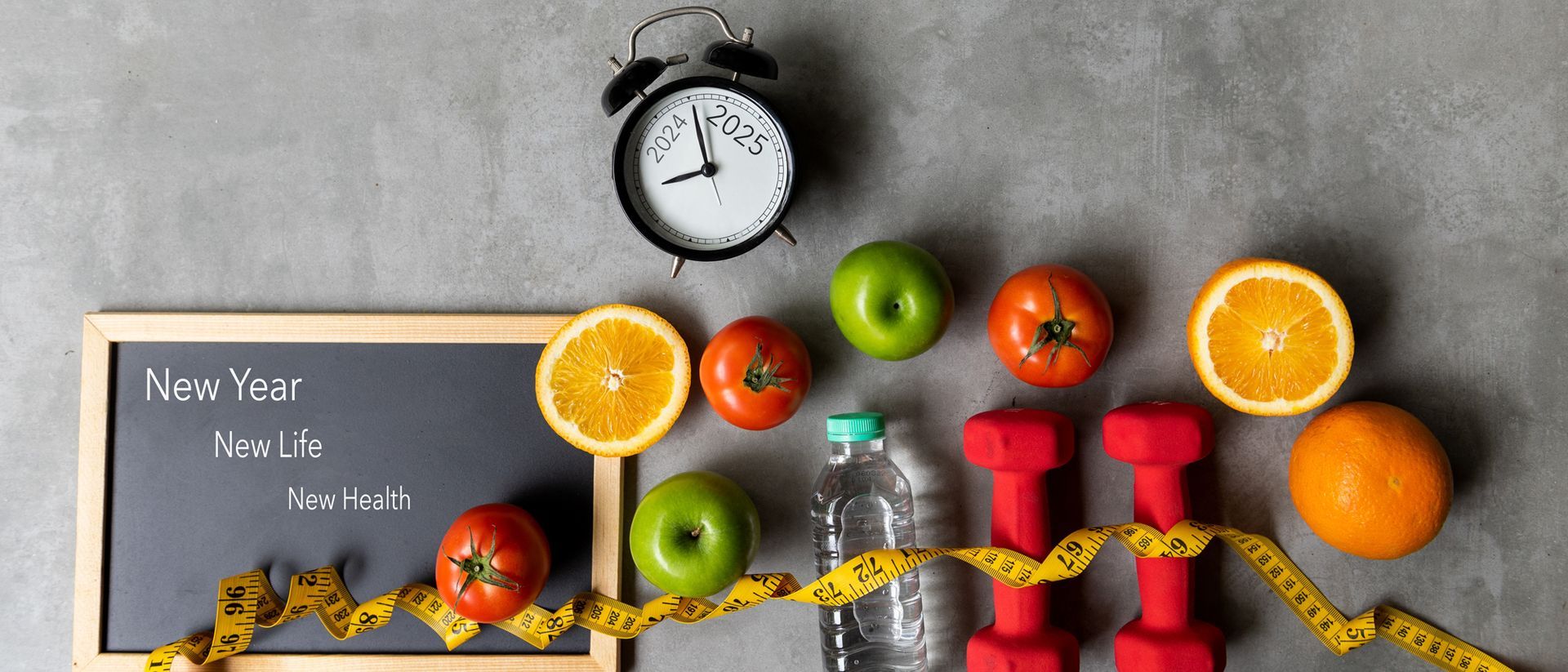 clock, food, exercise equipment representing 25 Healthy Things To Do for 2025