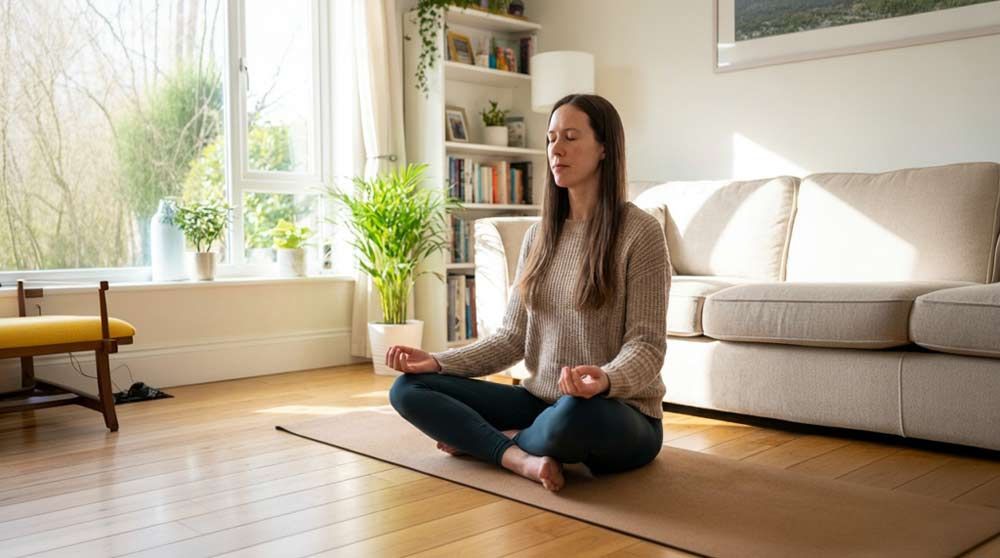 Woman meditating on a yoga mat in a sunlit living room, eyes closed, hands in a mudra position, doing Breathwork and Chakras Unlocking Healing Through Light and Energ.y