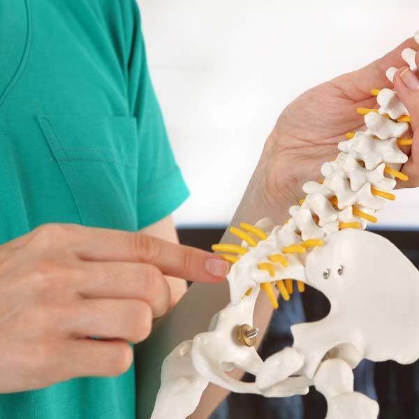 Chiropractor pointing to a skeletal spine model, showing patient  the need for Tailbone Pain Relief Treatments for Coccydynia at the Healing Arts NYC Health and Wellness Center in Manhattan, NY 10017, and Connecticut