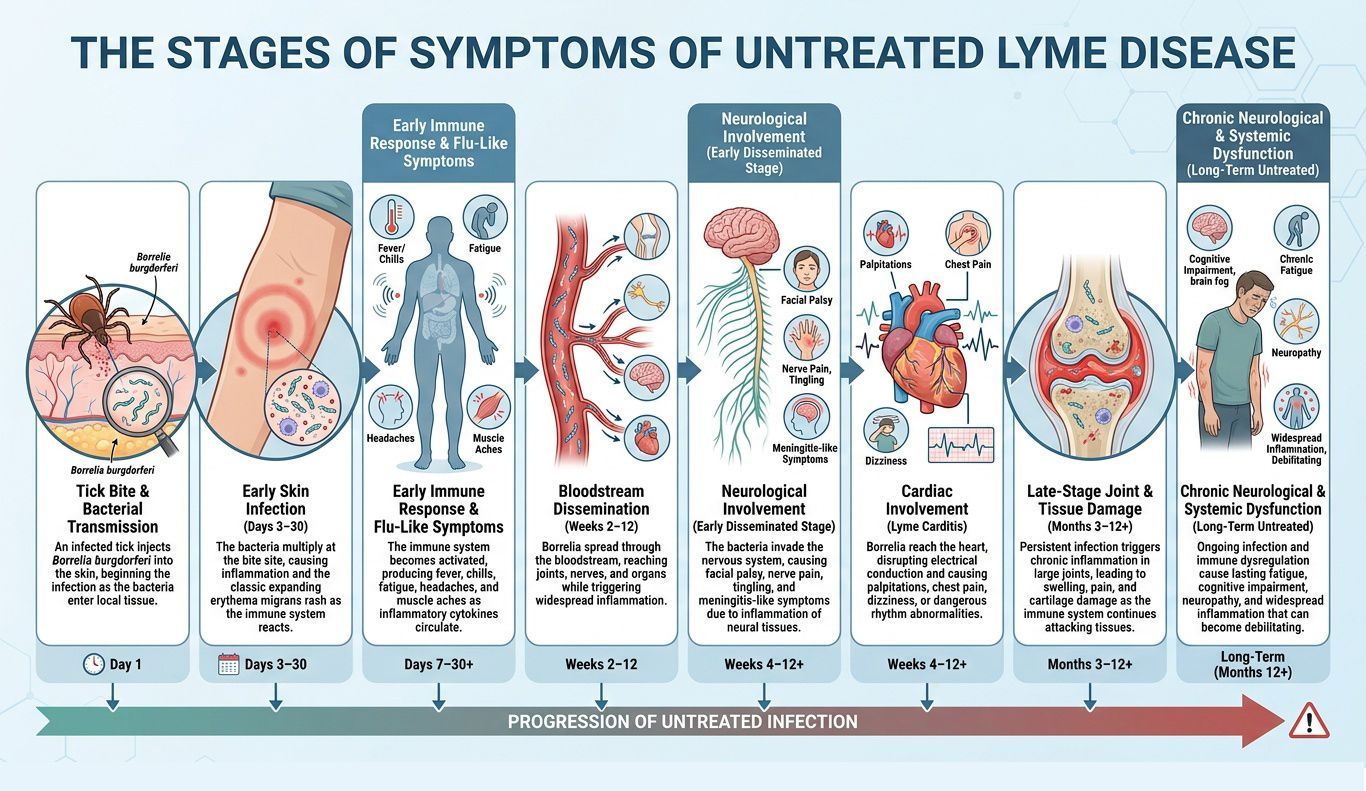 Click to Enlarge Infographic showing stages of untreated Lyme disease with symptoms, organs, and rash progression.