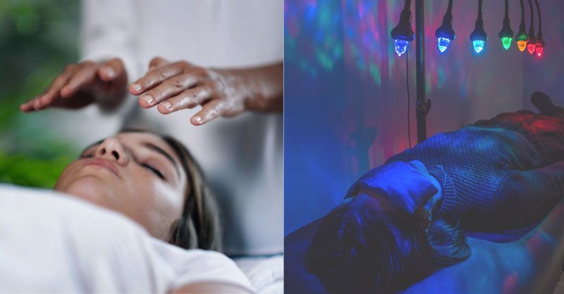 Two images: A person receiving energy work with hands above them; a hand under colored lights. The Role of Reiki and Chakra Light Therapy: Balancing Mind, Body, and Spirit