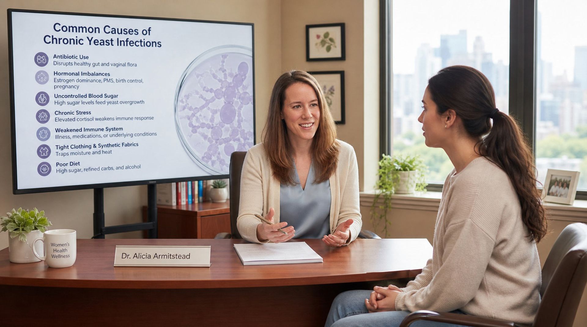 Dr Alicia Armitstead talks to a patient about yeast infection remedies NYC at a desk in a bright office, with a slide on Common Causes of Chronic Yeast Infections