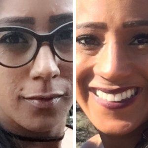 Two close-up photos of a person. Left: wearing glasses, neutral expression. Right: smiling, outdoors.