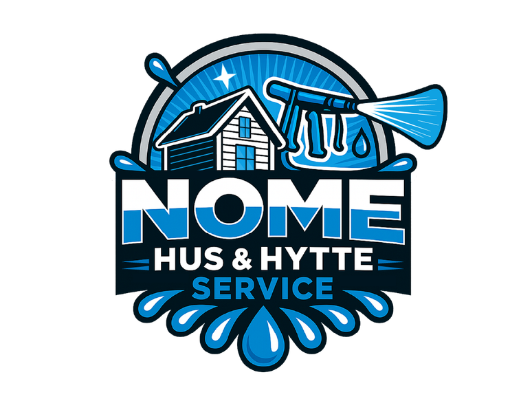 Logo for «NOME Hus & Hytte Service»: Et hus, en sprøytedyse og vanndråper i blått og hvitt.