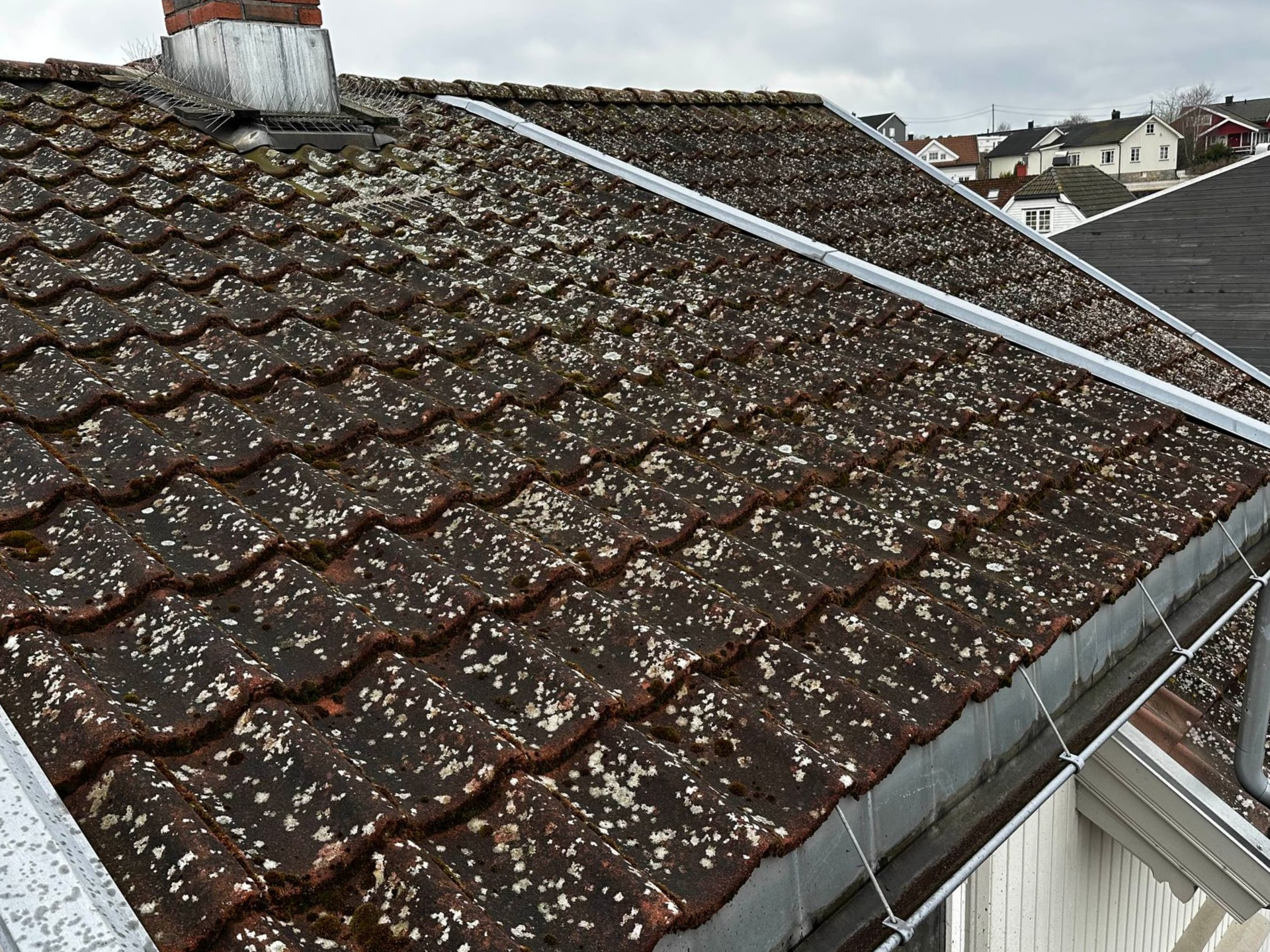 Et tak dekket av mørke, lavflekkede leirstein, med en metallskinneinstallasjon langs takskjegget.