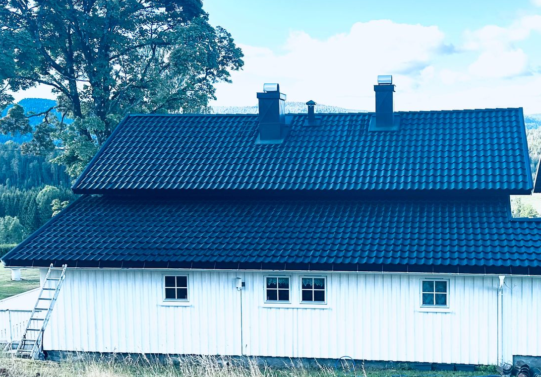 Et hvitt trehus med mørkt tegltak og to skorsteiner, mot et bakteppe av trær og en lys himmel.