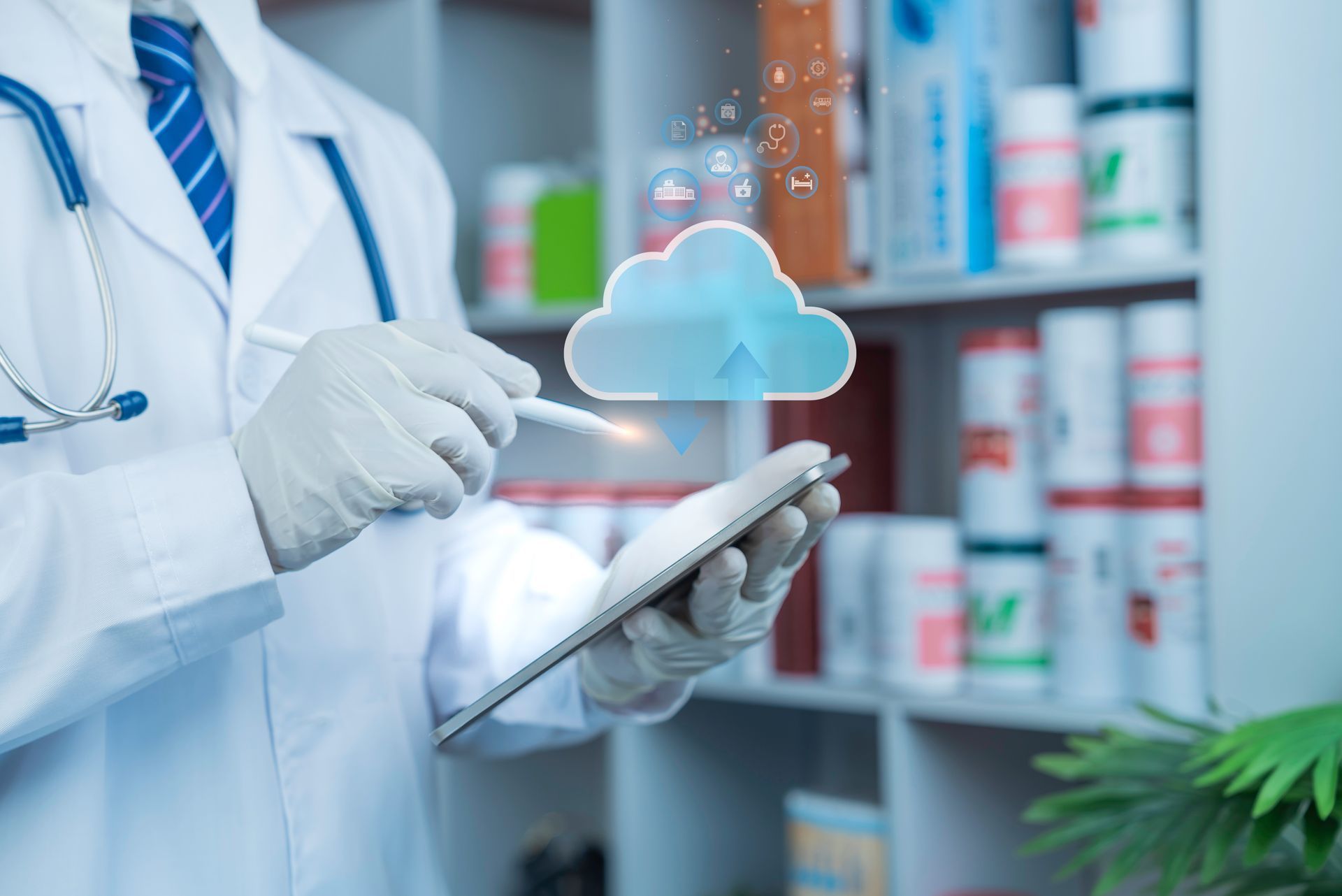 Doctor using a tablet in a pharmacy, with a cloud icon overlay and medicine shelves in the background