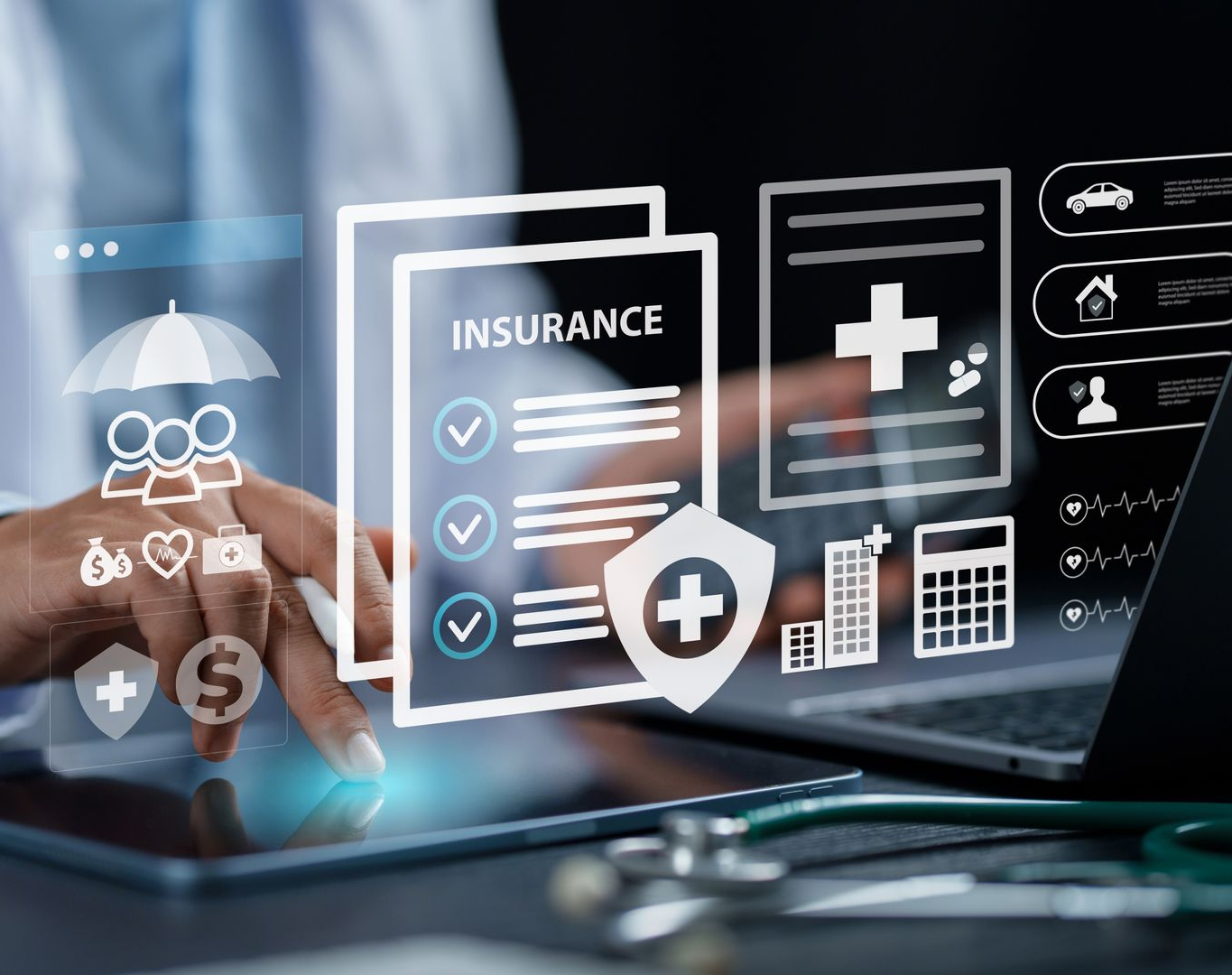 Hand touching laptop with digital insurance icons and charts glowing on screen
