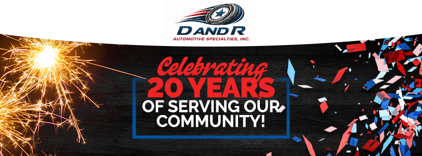 Banner reading “Celebrating 20 Years of Serving Our Community!” with fireworks and confetti