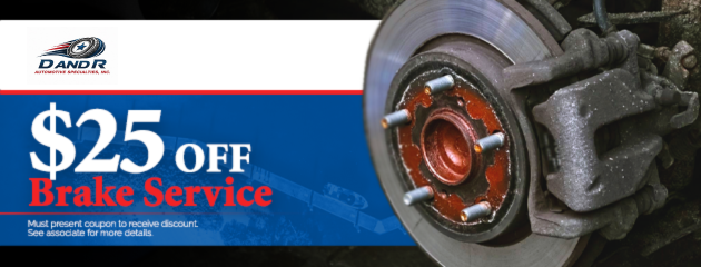 $25 off brake service ad with close-up of a car brake and rotor on a blue background