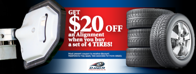 Red promo banner offering $20 off alignment with purchase of 4 tires, with tires and wheel graphic
