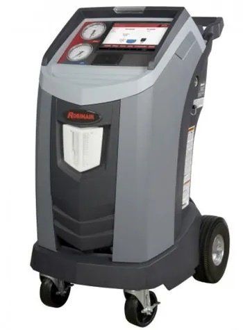 Gray and black wheeled automotive service machine with display screen and gauges