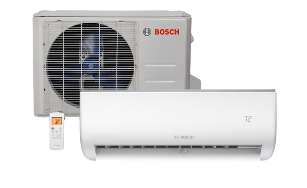 Bosch mini-split air conditioning system Bosch mini-split air conditioning system: outdoor compressor unit and indoor wall unit with remote control.