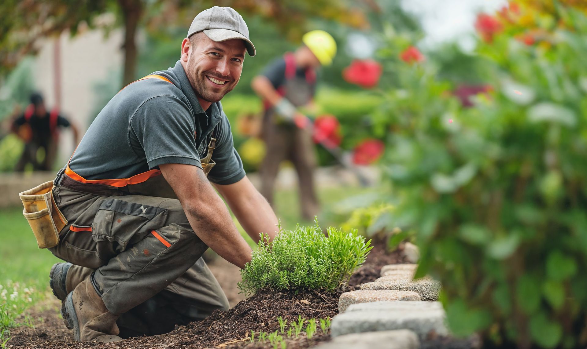 Gardener planting shrubs in a landscaped flower bed beside a stone border.