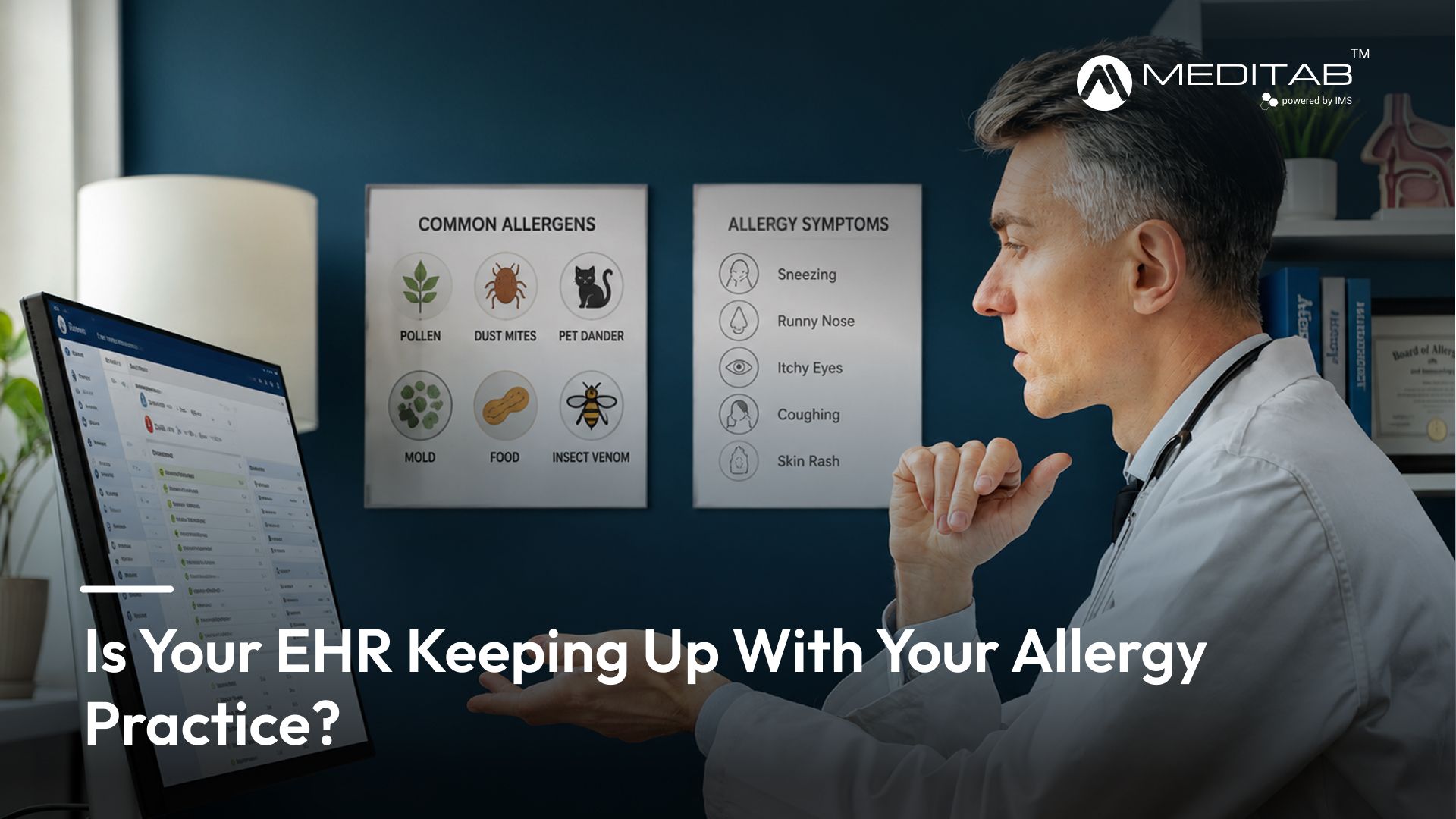 Allergist reviewing an AI-powered EHR dashboard, representing the best EHR for allergy and immunolog