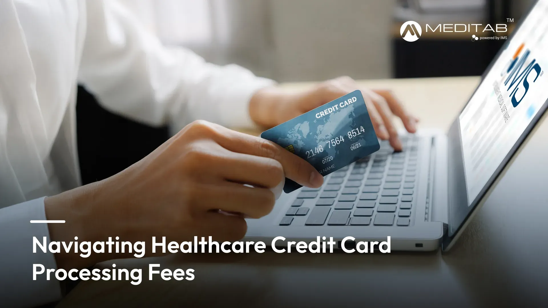 Medical practice payment processing illustration showing a credit card, patient statement, and healt