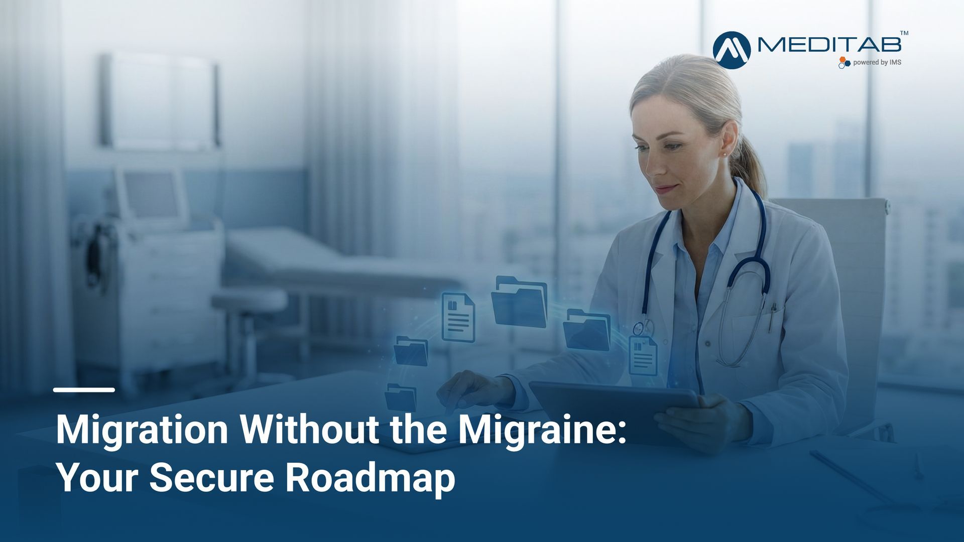 Digital tablet displaying a secure healthcare data migration progress bar in a clinical setting