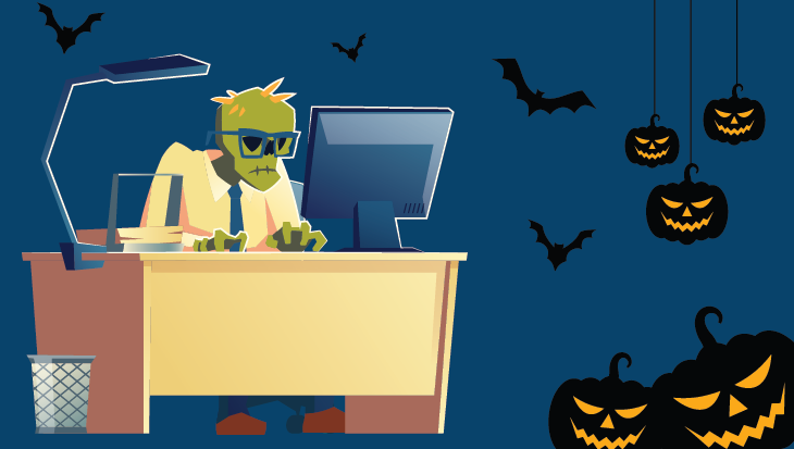 A zombie is sitting at a desk in front of a computer.
