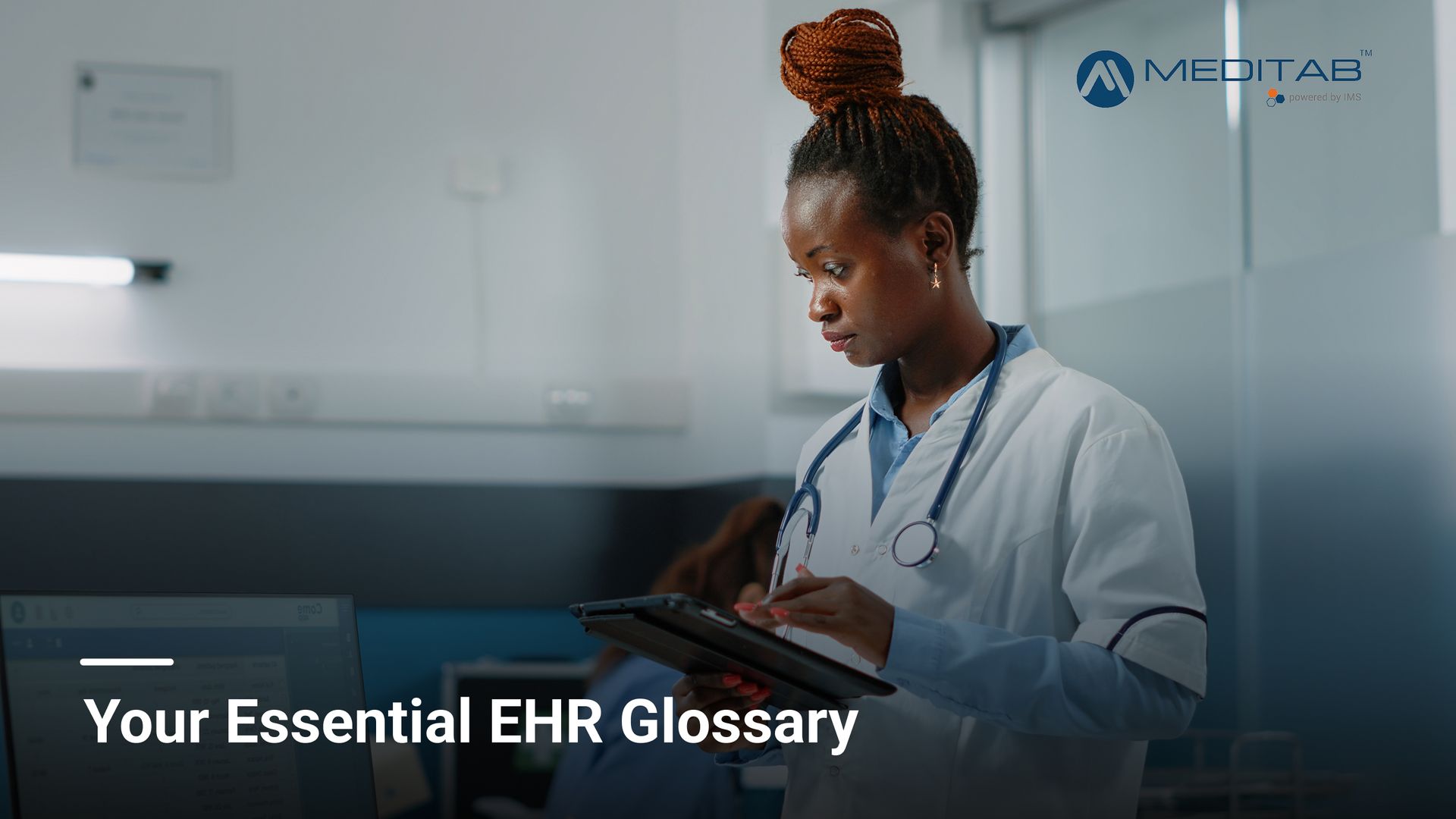 A professional medical provider reviewing a modern ambulatory clinic EHR glossary on a tablet screen