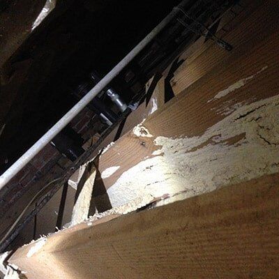 Termite-damaged wooden beam in a dimly lit attic, showing significant structural damage with visible tunnels and wood fragments.