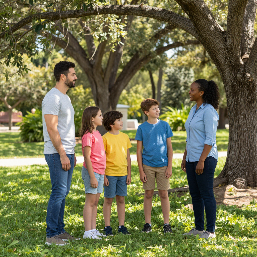 Five people standing and talking in a sunny park with large trees and grass