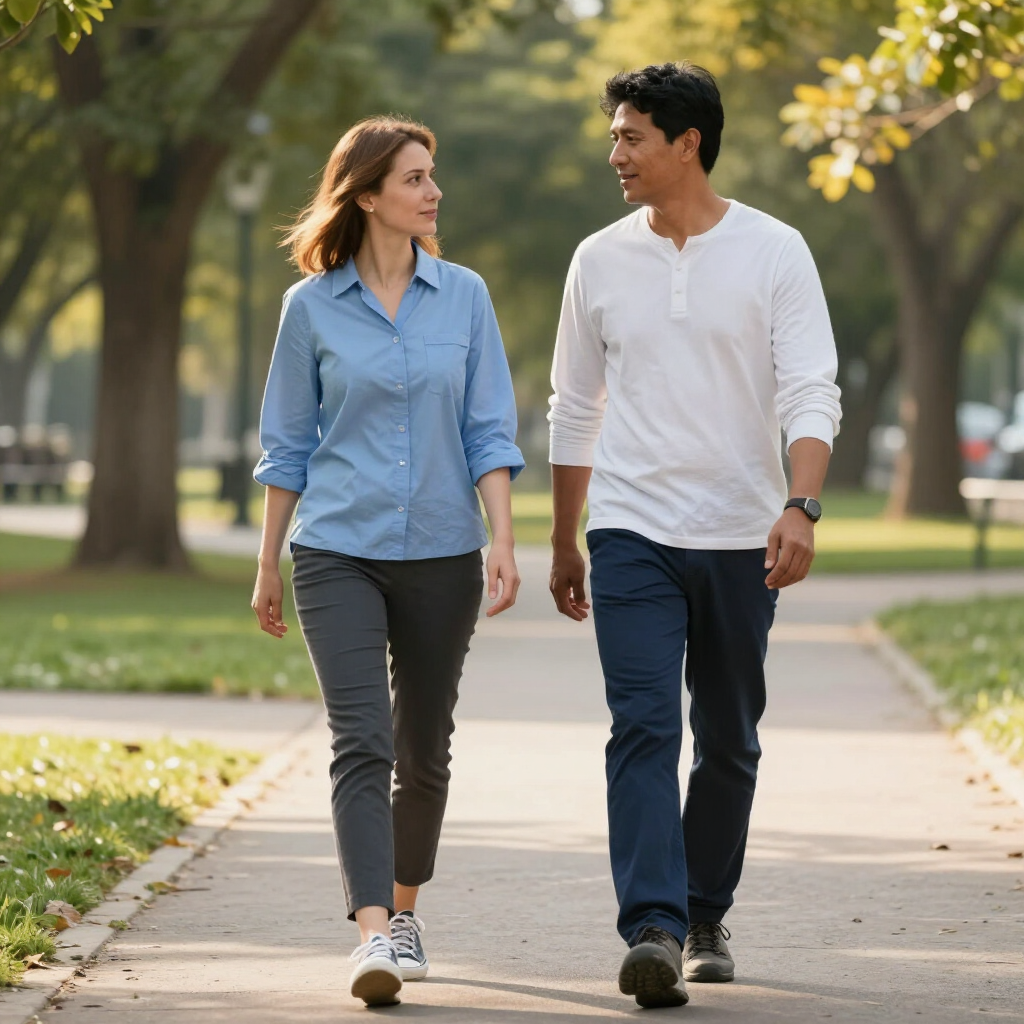 Two people walking and talking on a tree-lined park path in daylight