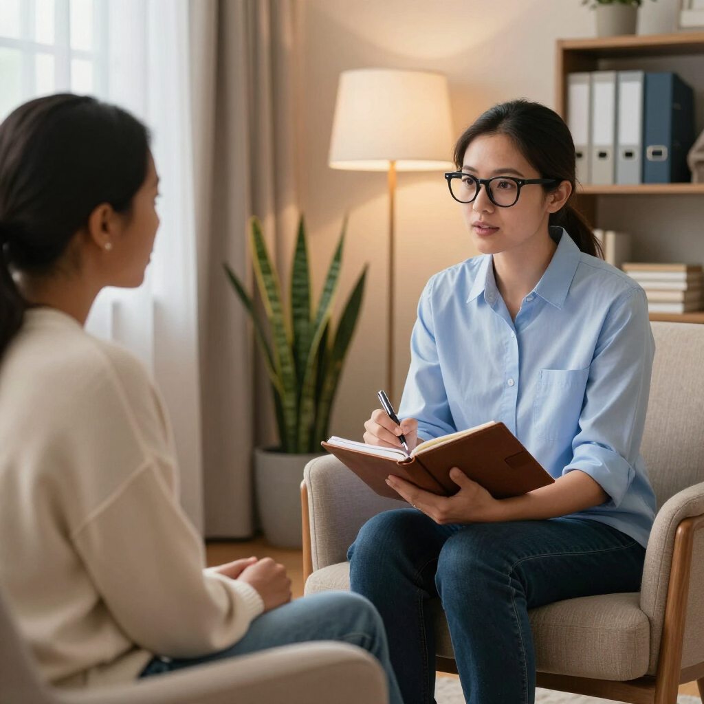 Therapist taking notes while speaking with a seated client in a warm, softly lit office
