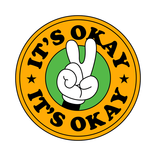A circular emblem with an orange border, green center, and a cartoon hand making a peace sign. Text reads, "IT'S OKAY."