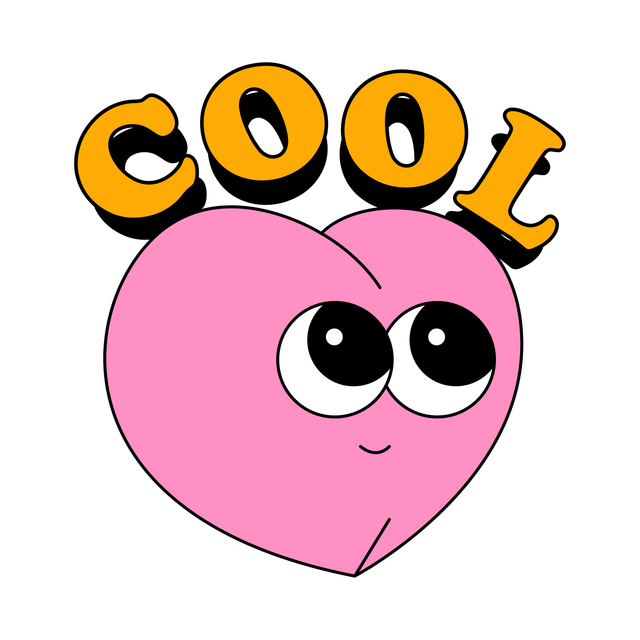 Pink heart cartoon with big eyes and the word “COOL” in orange above it