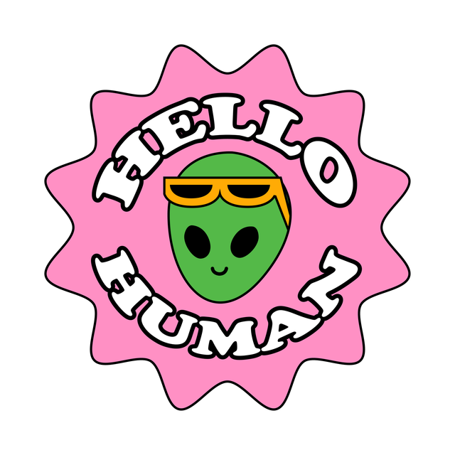 A green alien face wearing orange sunglasses, centered inside a pink starburst shape with the text "HELLO HUMAN."
