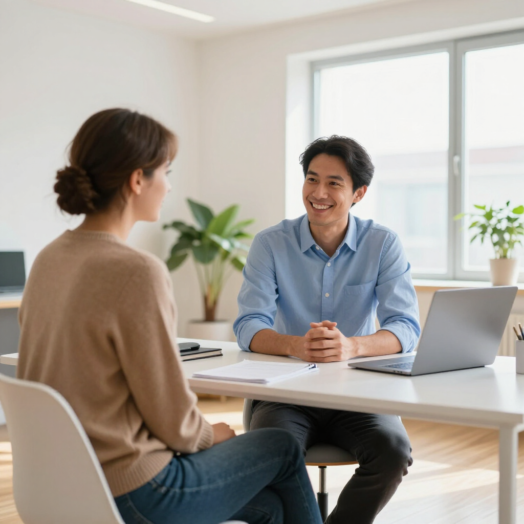 Two people in a bright office, seated across a table during a laptop meeting and smiling.