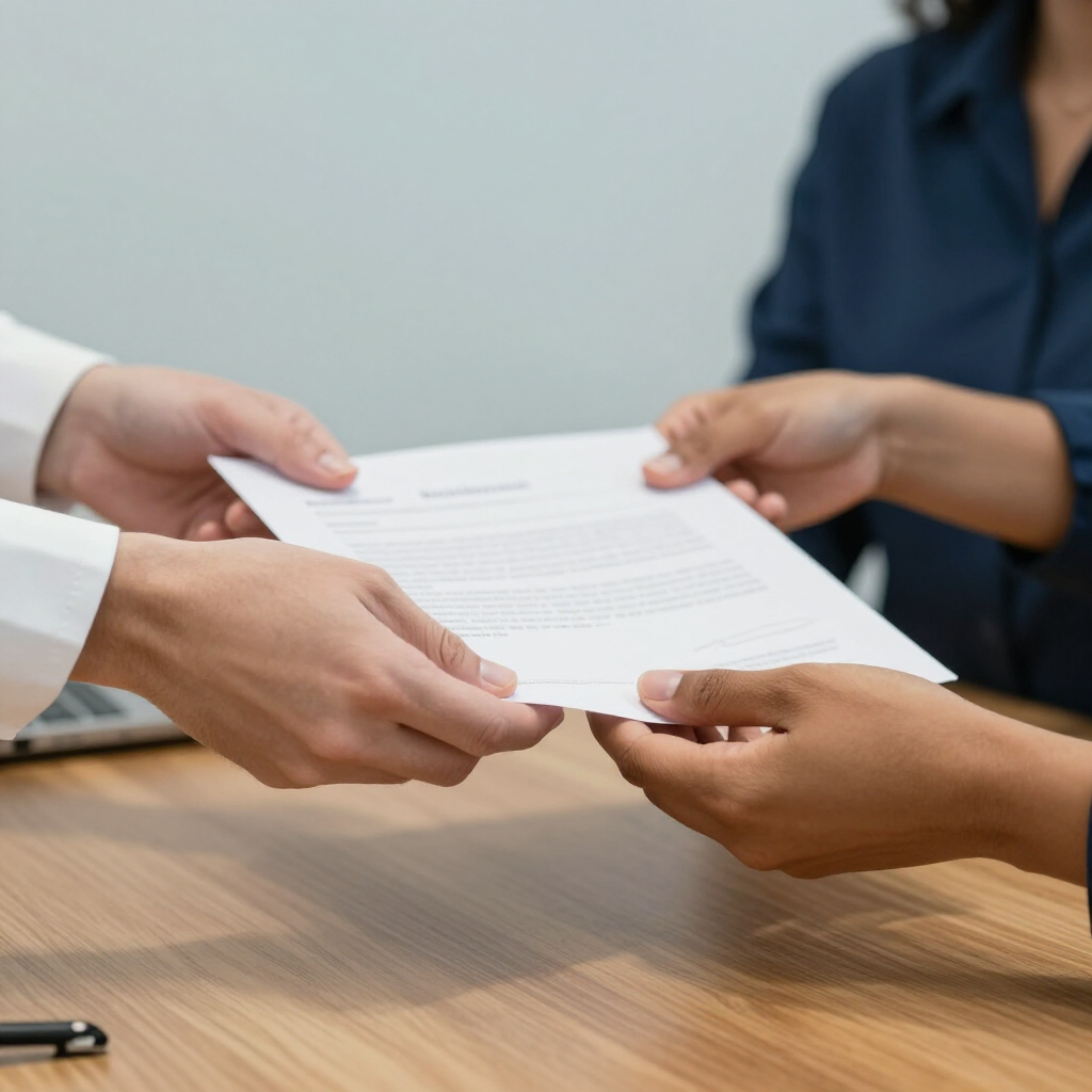 Hands passing a document across a wooden table in a business meeting