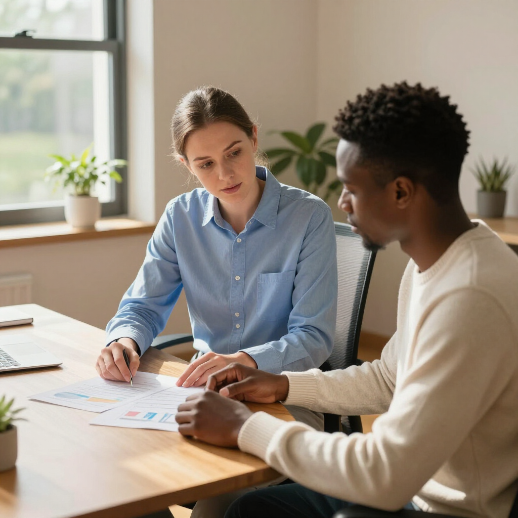 A professional colleague in a blue shirt consults with an associate over documents on a desk in a bright office.