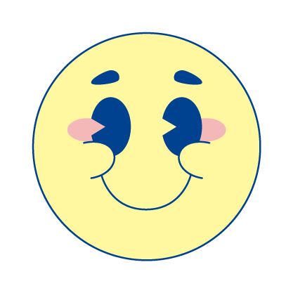 A yellow circular emoji with dark blue eyes, arched brows, a small smile, and pink blushing cheeks.