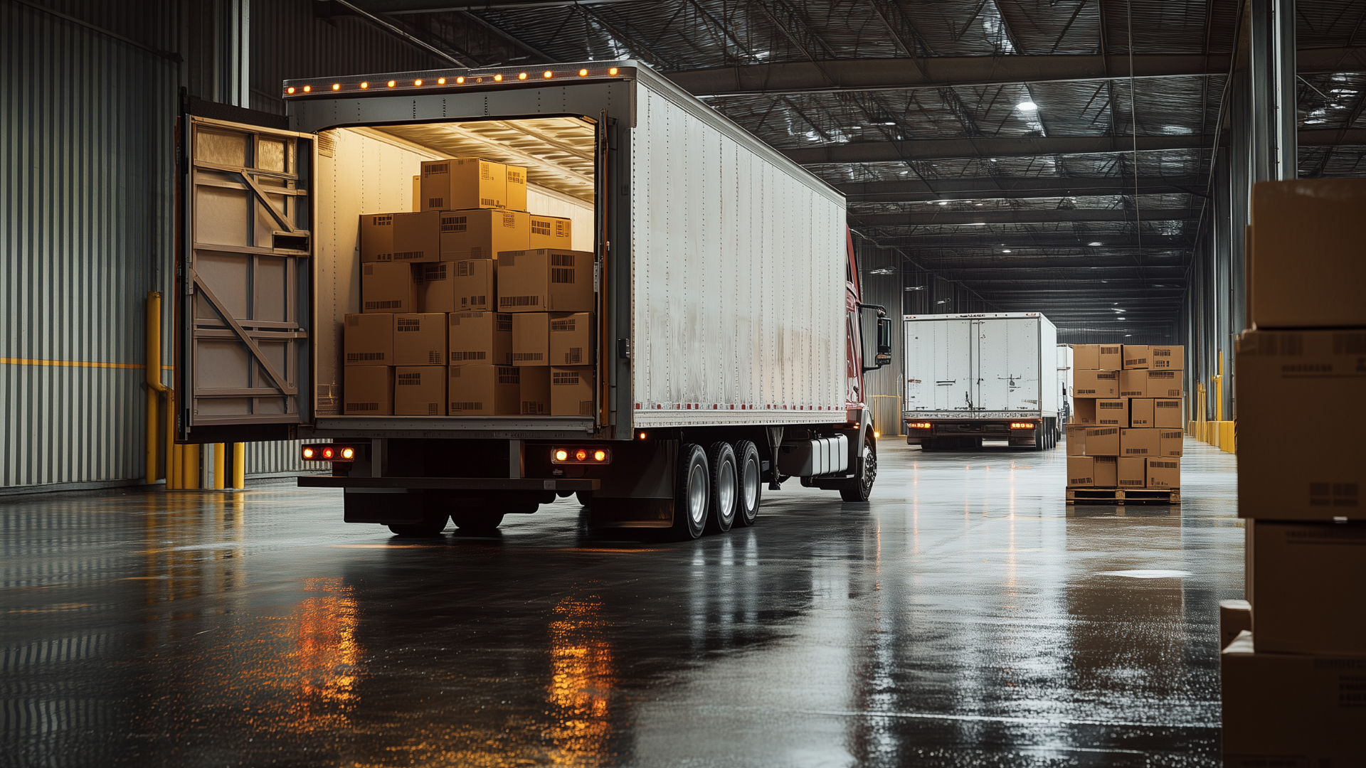 A semi-truck loaded with cardboard boxes parked in a large, dimly lit warehouse with a wet, reflective concrete floor.